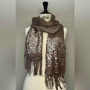 Taupe Brown Soft chic Sequin Scarf with Fringes